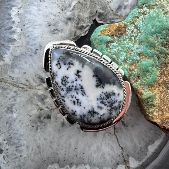 Sterling Southwestern Style Large Teardrop Dendrite Agate Ring Sz 8.25 For Women